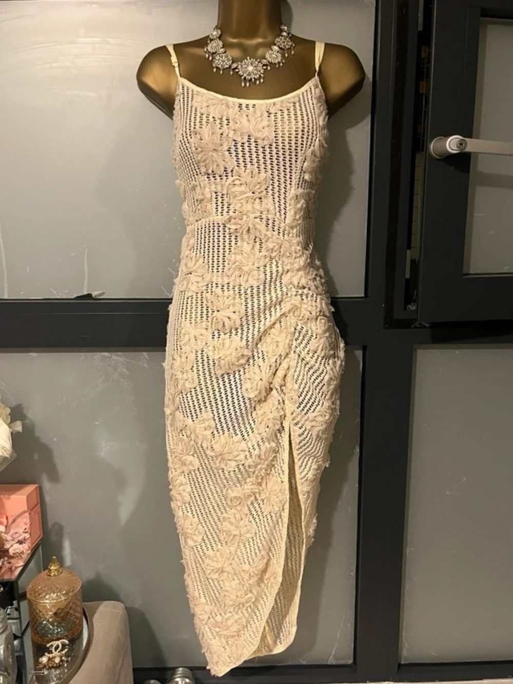 Sleeveless Cream Crochet Floral Midi Dress